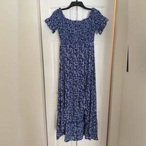 Lulus Fleur-tation Navy Blue Floral Print Off-the-Shoulder Midi Dress. Size L